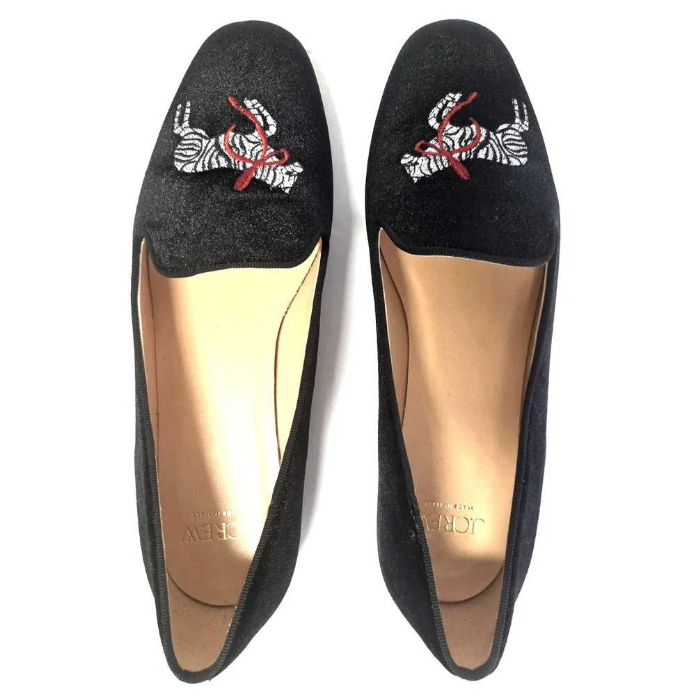 J. Crew Smoking Loafers 9 Zebra Embroidered Red Bow Black Velvet Made Italy NWOB